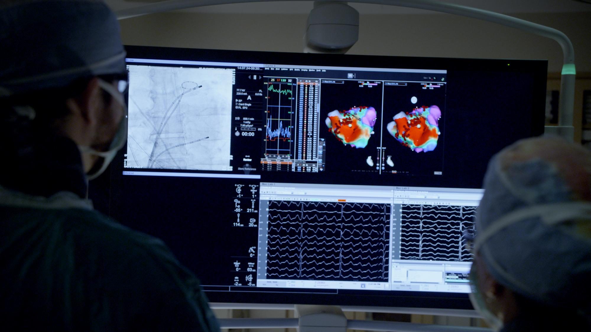 Two clinicians view a scan of a heart