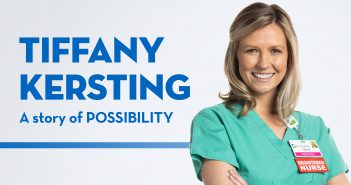 A Birth Story of Possibility Tiffany Kersting, a nurse at the St. Elizabeth Family Birth Place is with her children while wearing her scrubs.