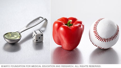 Examples of portion control cues, including a spoon, dice, pepper and baseball.